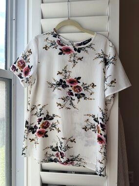 SHEIN Cream Short-Sleeve Floral Blouse with Pink & Green Accents